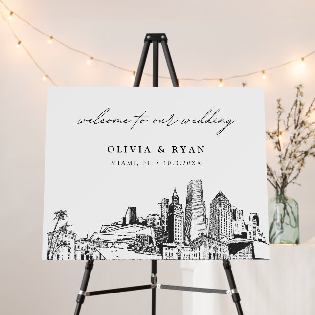 Custom Miami Wedding Skyline Sketch Welcome Sign (In Situ (Stand))