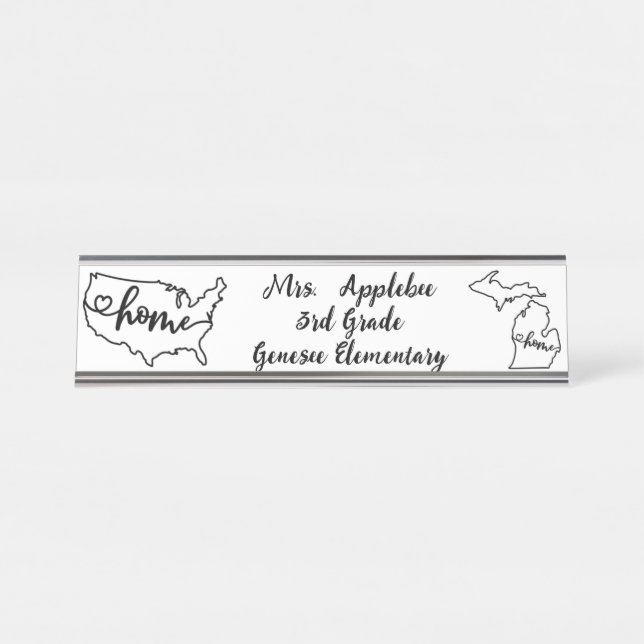 Custom Michigan State US Home Line Art Desk Name Plate (Front)