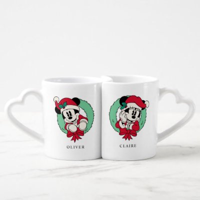 Custom Mickey &amp; Minnie Mouse Holiday Wreath Coffee Mug Set
