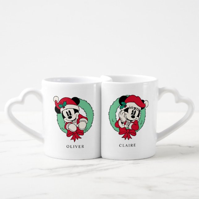 Custom Mickey & Minnie Mouse Holiday Wreath Coffee Mug Set (Front Nesting)