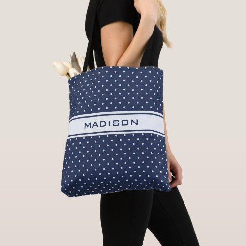 Custom Midnight Dark Navy Blue Polka Dot  Tote Bag