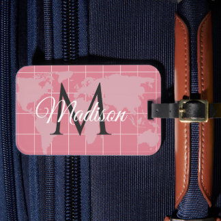 Custom Millennial Pink World Map Monogram Name Luggage Tag