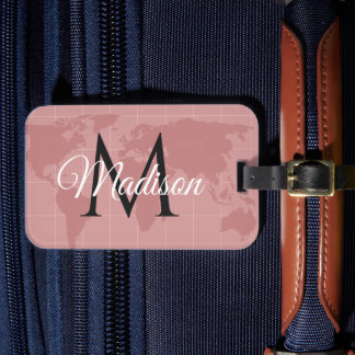 Custom Millennial Pink World Map Monogram Name Luggage Tag