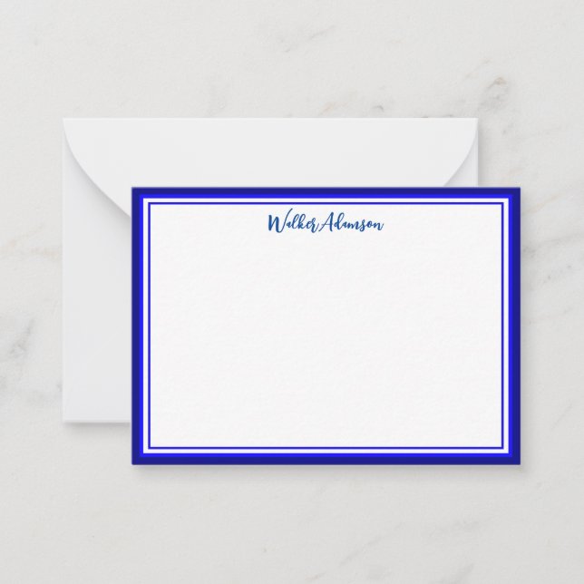 Custom Minimal Calligraphy Name & Border Navy Blue Note Card (Front)