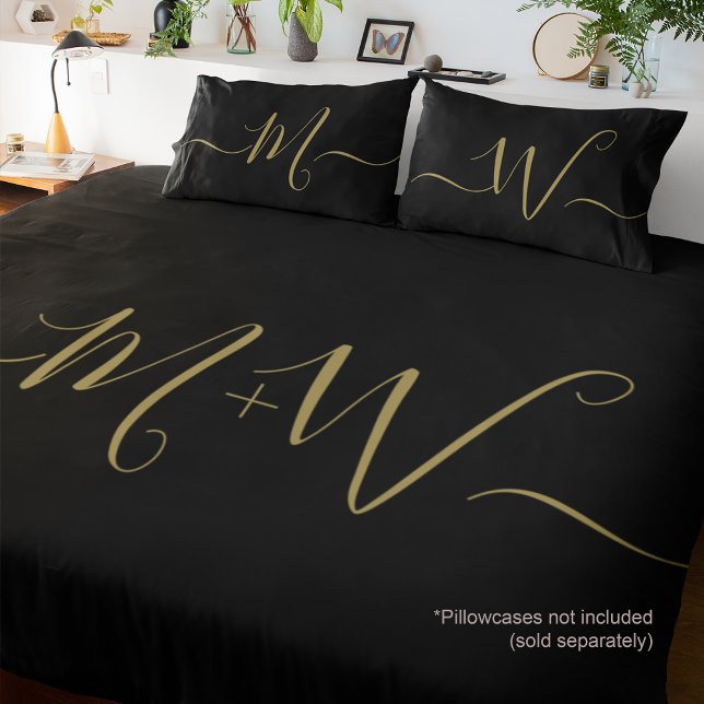 Custom Minimal Couple Monogram Script black gold Duvet Cover (Monogram initial duvet cover black gold. *pillowcases not included )