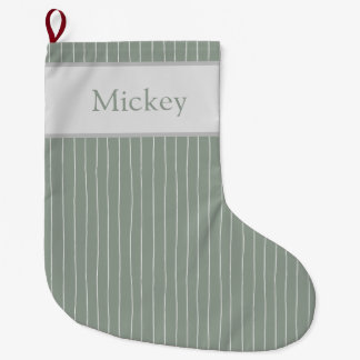 CUSTOM minimal handdrawn pinstripe- sage Large Christmas Stocking