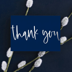 Custom Minimal Modern Script Navy Blue Thank You Foil Holiday Card