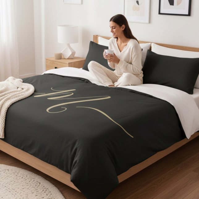 Custom Minimal Monogram Script initial black gold Duvet Cover (Black and gold hue Monogram initial duvet cover.)