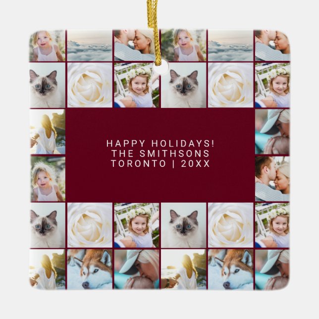 Custom Minimal Simple Photo Collage Grid Burgundy Ceramic Ornament (Front)