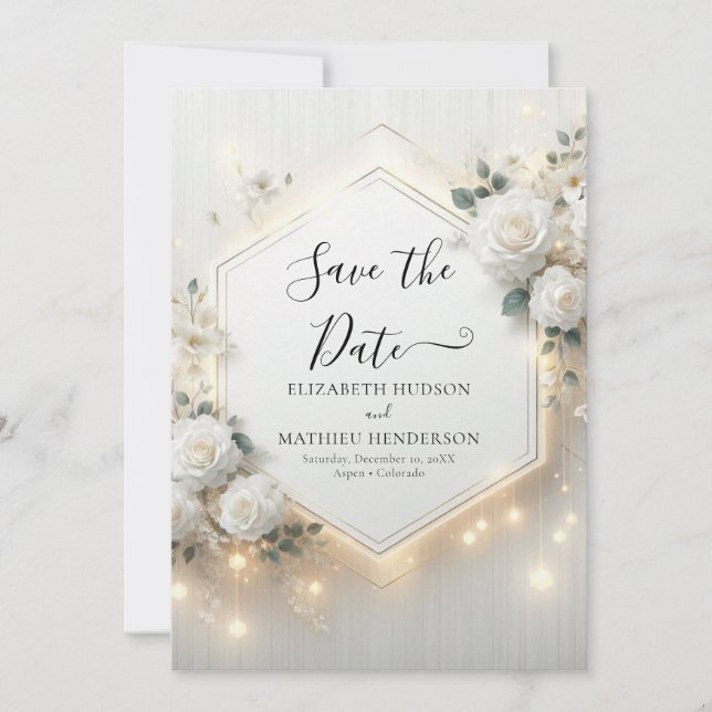 Custom Minimal White Roses Wedding Save The Date (Front)