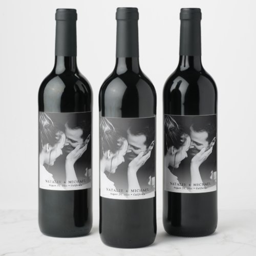 Custom Minimalist Black and White Wedding Photo Wine Label
