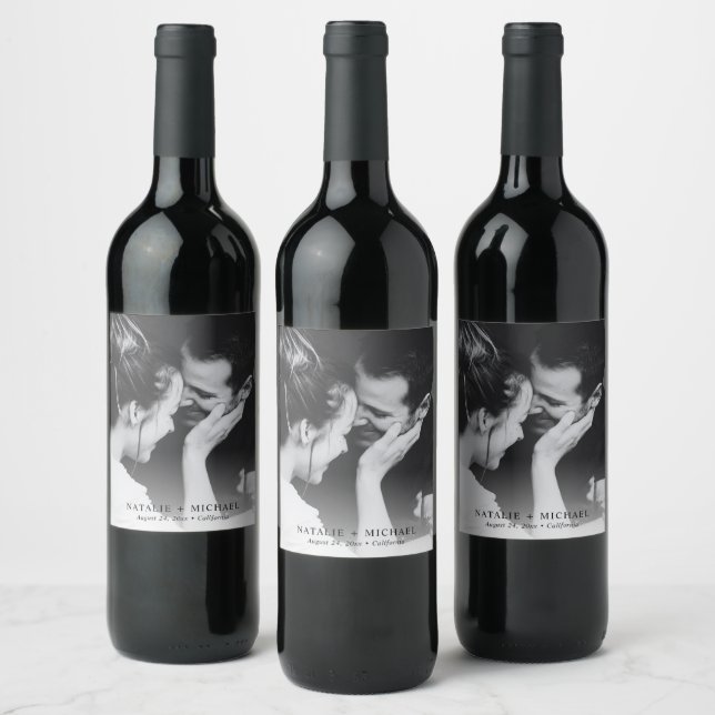 Custom Minimalist Black and White Wedding Photo Wine Label (Bottles)