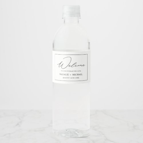 Custom Minimalist Black and White Wedding Welcome Water Bottle Label