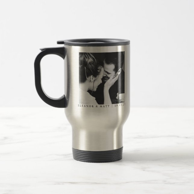Custom Minimalist Black White Couple Photo Wedding Travel Mug (Left)