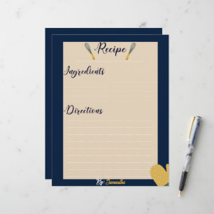 Custom Minimalist blue Culinary Recipe Sheet