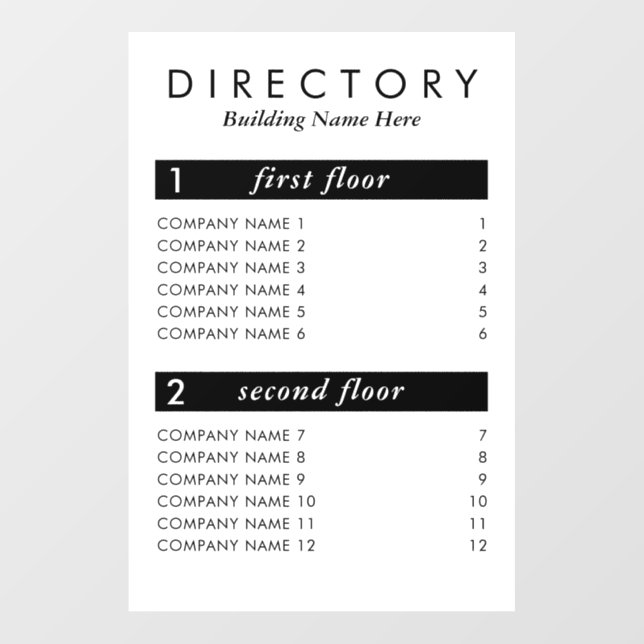 Custom Minimalist Business Building Directory Wall Decal (Front)