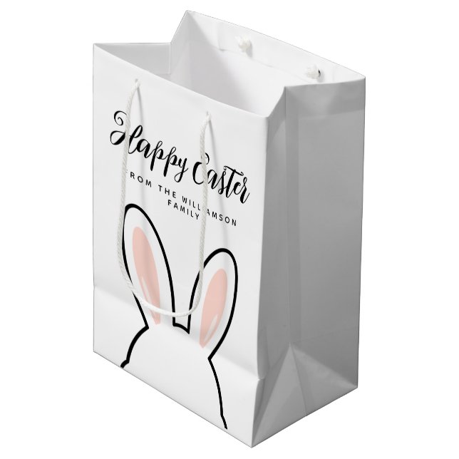 Custom Minimalist Cute Bunny Ears Happy Easter Medium Gift Bag (Front Angled)