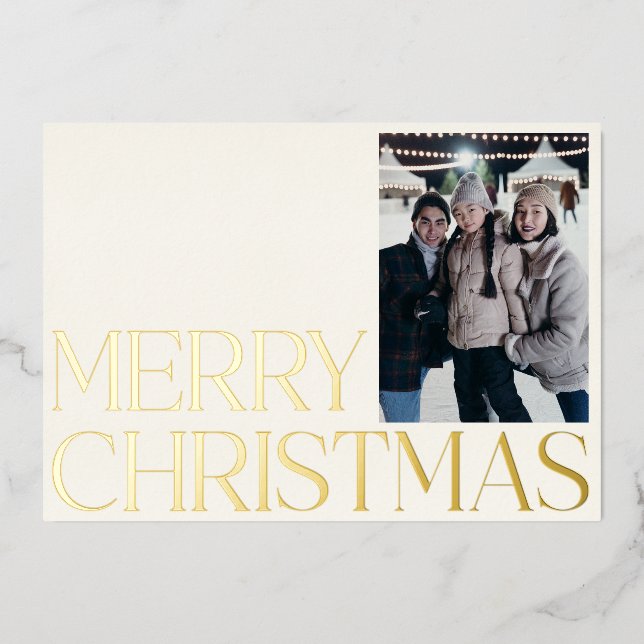 Custom Minimalist Elegant Two Photo Christmas Gold Foil Holiday Card (Front)