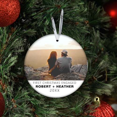 Custom Minimalist First Christmas Engaged Picture Ceramic Ornament