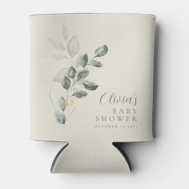 Custom Minimalist Gold Greenery Baby Shower Can Cooler (Front)