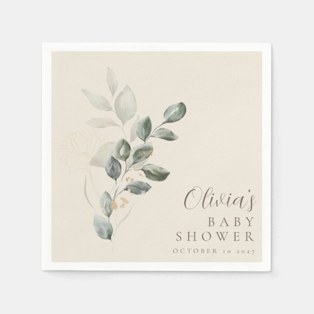 Custom Minimalist Gold Greenery Baby Shower Napkins (Front)
