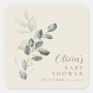 Custom Minimalist Gold Greenery Baby Shower Square Sticker