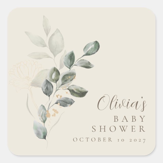 Custom Minimalist Gold Greenery Baby Shower Square Sticker (Front)
