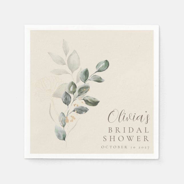Custom Minimalist Gold Greenery Bridal Shower Napkins (Front)