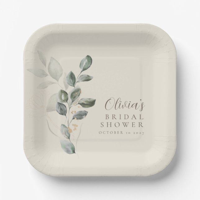 Custom Minimalist Gold Greenery Bridal Shower Paper Plates (Front)