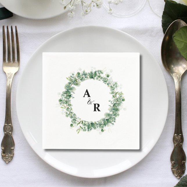 Custom Minimalist Greenery Monogram Wedding Paper Napkins (Creator Uploaded)