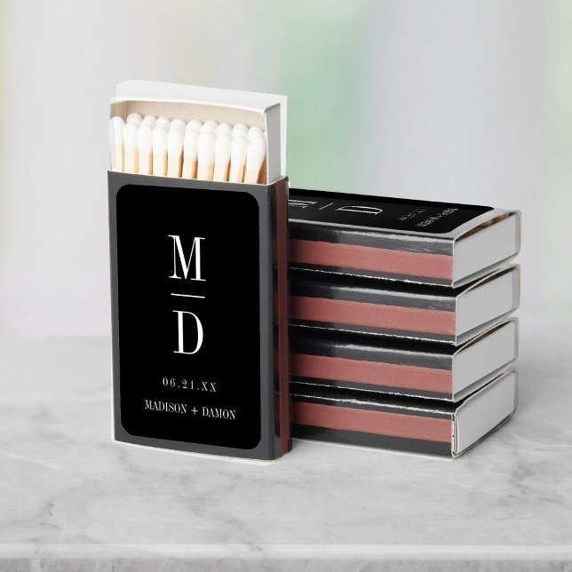 Custom Minimalist Monogram Wedding Black and White Matchboxes (Minimalist monogram wedding matchboxes with custom initials in modern typography)