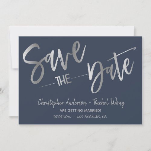 Custom Minimalist Navy Silver Foil Save the Date Invitation