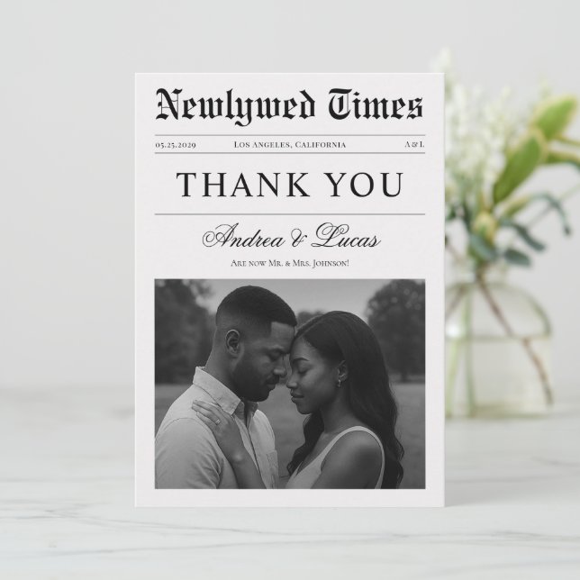 Custom Minimalist Newspaper Elegant Photo Wedding Thank You Card (Standing Front)