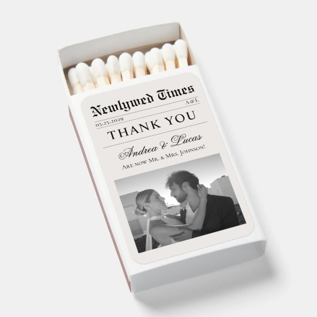 Custom Minimalist Newspaper Photo Wedding Favor Matchboxes (Front Open)