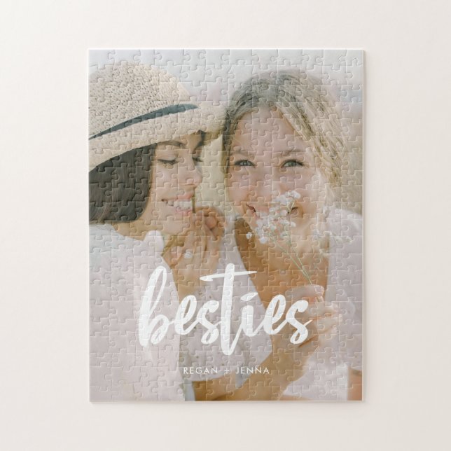 Custom Minimalist Script "Besties" Photo & Names Jigsaw Puzzle (Vertical)