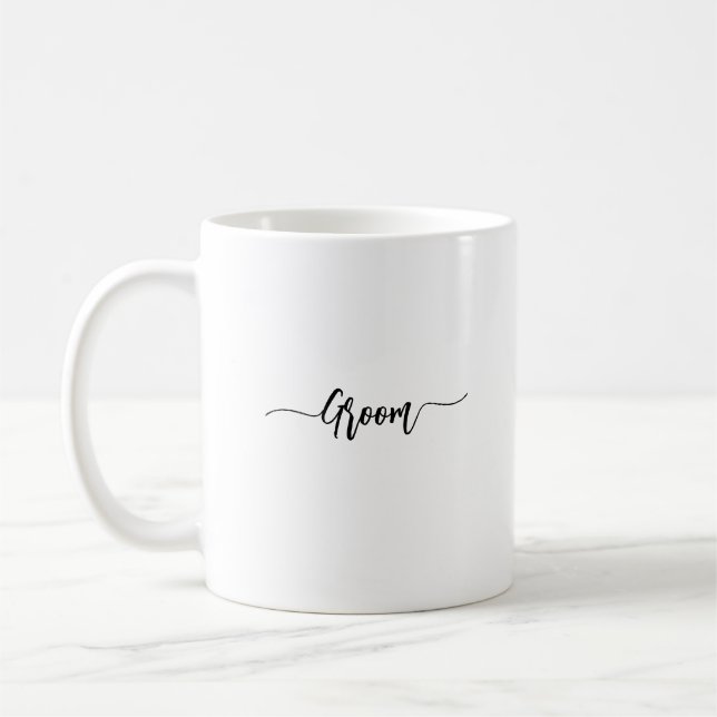 Custom Minimalist Script Groom Name Wedding Coffee Mug (Left)