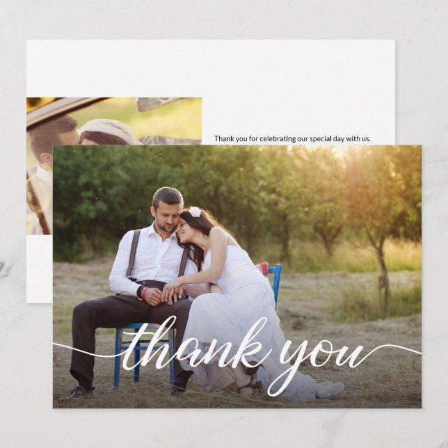 Custom Minimalist Script Wedding Photos  Thank You Card (Front/Back)