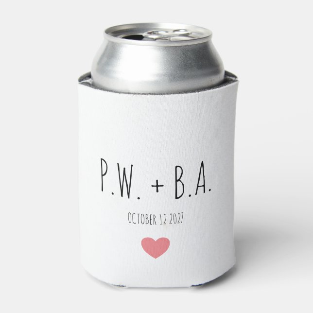 Custom Minimalist Wedding Initials Heart Keepsake Can Cooler (Can Front)