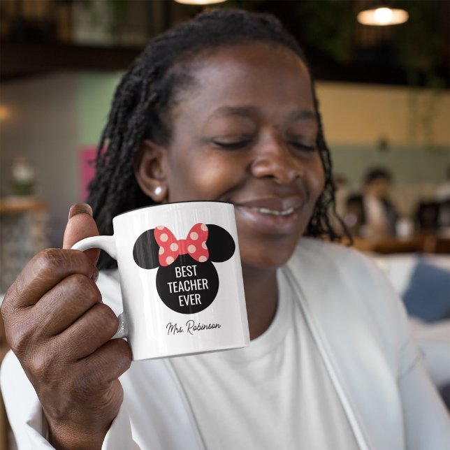 Custom Minnie Polka Dot | Best Teacher Ever Two-Tone Coffee Mug (Person holding mug)