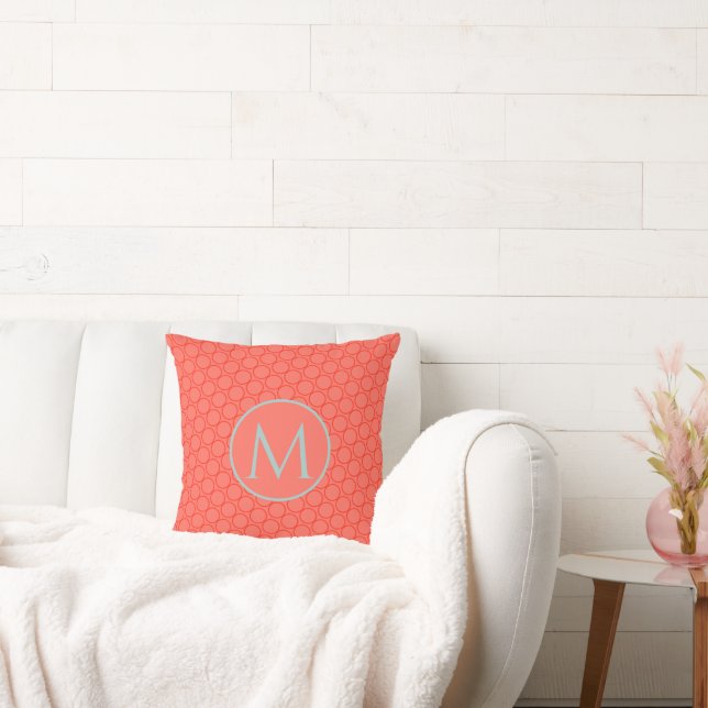 Custom Mint Coral Geometric Pattern Monogrammed Throw Pillow (Couch)