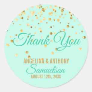 Custom Mint Gold Confetti WEDDING Thank You Classic Round Sticker