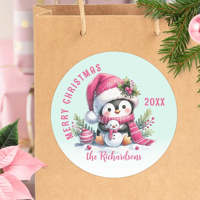 Custom Mint Green and Pink Merry Christmas Penguin Classic Round Sticker (Creator Uploaded)