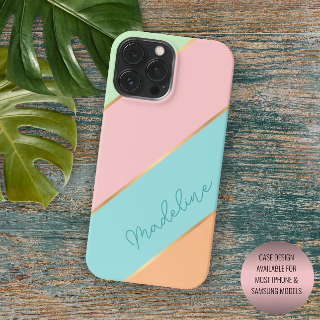 Custom Mint Green Aqua Blue Blush Pink Art Stripes iPhone Case (Creator Uploaded)