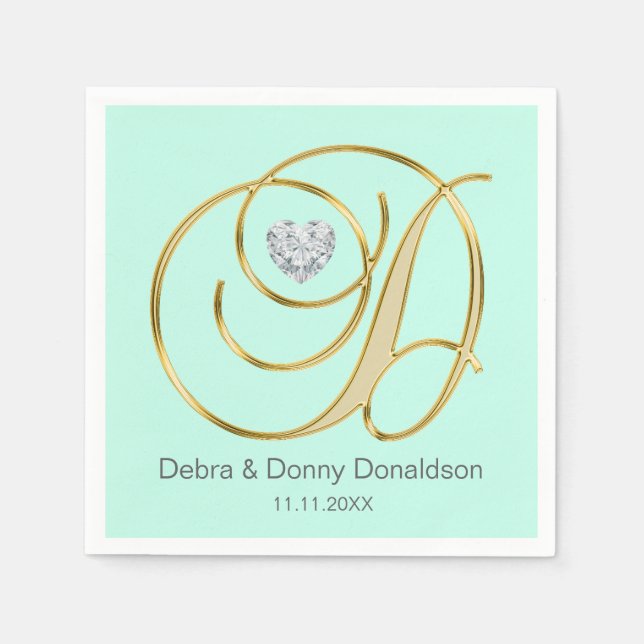 Custom Mint Green Gold Monogrammed D Wedding Napkins (Front)