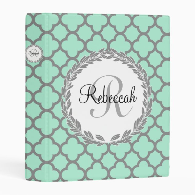 Custom Mint Green Quatrefoil Monogram Personalized Mini Binder (Front/Spine)