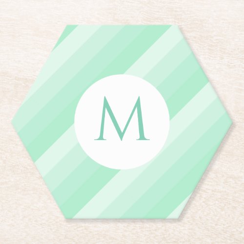 Custom Mint Green Stripes Modern Monogram Template Paper Coaster