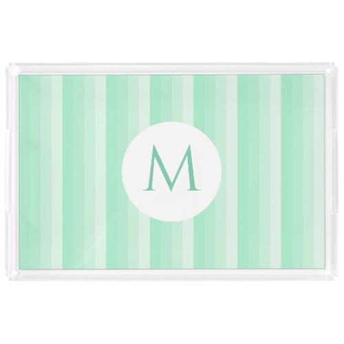 Custom Mint Green Stripes Monogram Modern Trendy Acrylic Tray