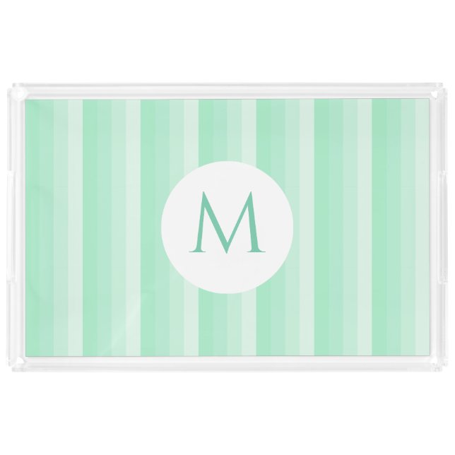 Custom Mint Green Stripes Monogram Modern Trendy Acrylic Tray (Front)