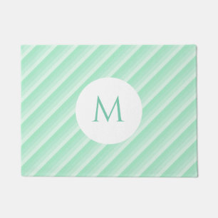 Custom Mint Green Stripes Trendy Modern Monogram Doormat