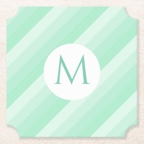 Custom Mint Green Stripes Trendy Modern Monogram Paper Coaster